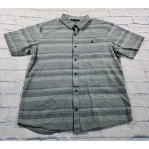 Travis Mathew MENS XL Short Sleeve Button Purple Grey Striped Cotton Pocket